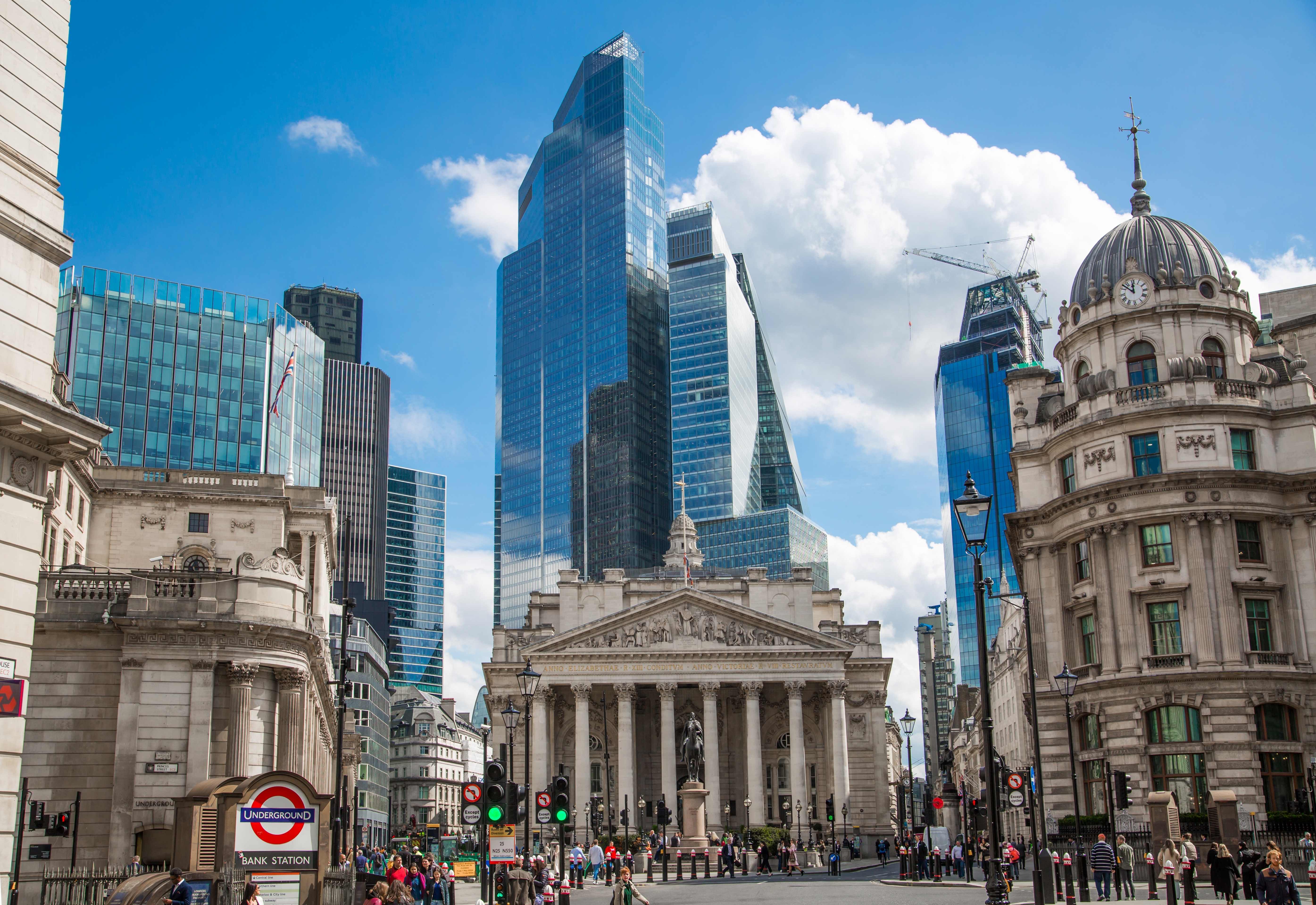 London financial district with modern and historic architecture